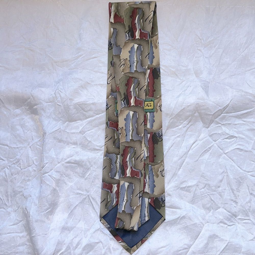 Vintage J. Garcia Red, Cream, Blue, Tan & Green Abstract Design Silk Tie - Picture 3 of 6